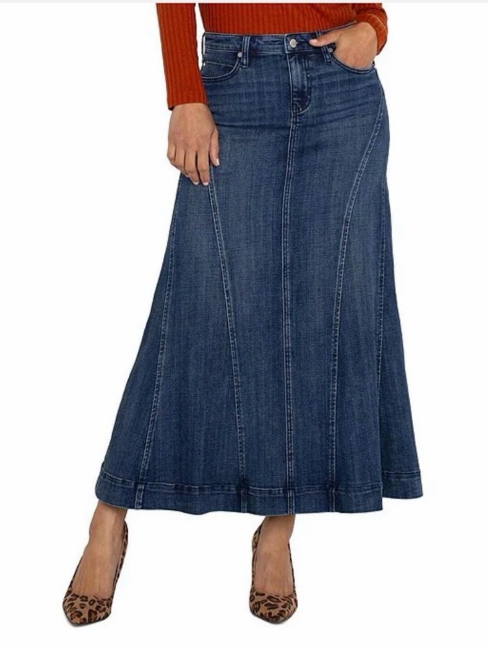Like New. Liverpool Dark Blue Denim Flare Maxi Skirt. Tags cut off